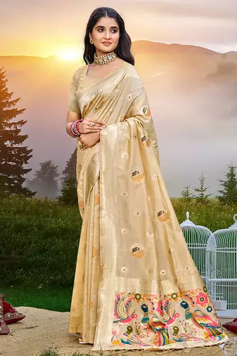 Sangam prints crem havy assam silk saree with meena woven work traditional saree