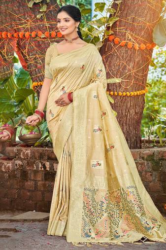 Sangam prints crem havy assam silk saree with meena woven work traditional saree
