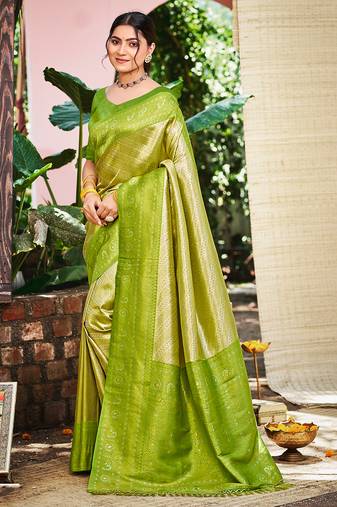 Sangam prints green and gold kanjivaram silk woven work traditional saree