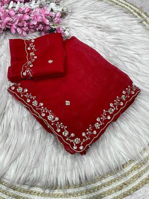 Red fendy satin with beads work saree with unstitched blouse 1