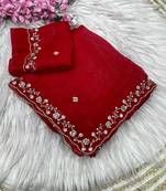 Red fendy satin with beads work saree with unstitched blouse