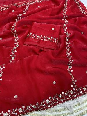 Red fendy satin with beads work saree with unstitched blouse 2