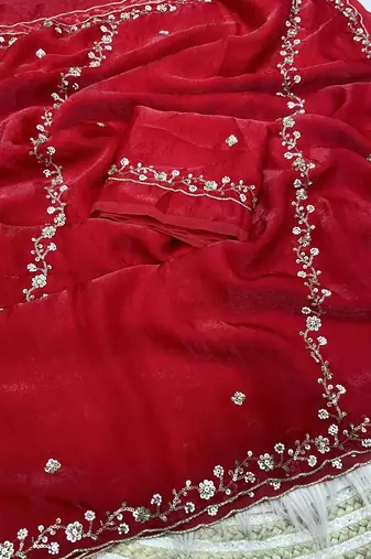 Red fendy satin with beads work saree with unstitched blouse