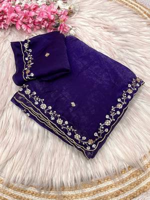 Purple fendy satin with beads work saree with unstitched blouse 1