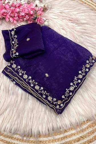 Purple fendy satin with beads work saree with unstitched blouse