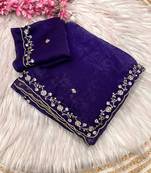 Purple fendy satin with beads work saree with unstitched blouse