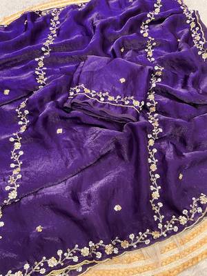 Purple fendy satin with beads work saree with unstitched blouse 2