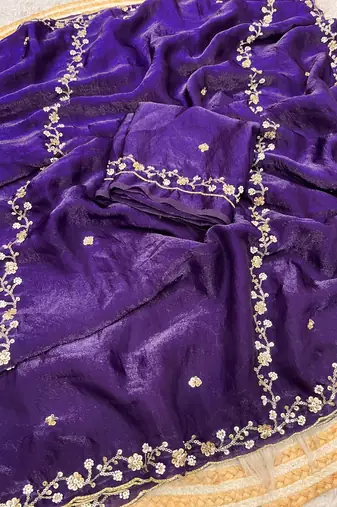 Purple fendy satin with beads work saree with unstitched blouse