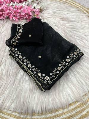 Black fendy satin with beads work saree with unstitched blouse 1