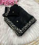 Black fendy satin with beads work saree with unstitched blouse