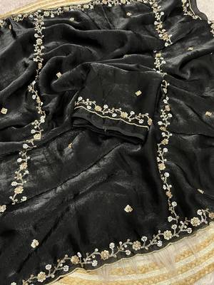 Black fendy satin with beads work saree with unstitched blouse 2