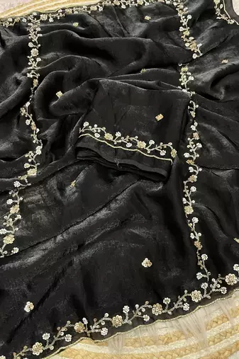 Black fendy satin with beads work saree with unstitched blouse