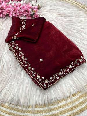 Maroon fendy satin with beads work saree with unstitched blouse 1