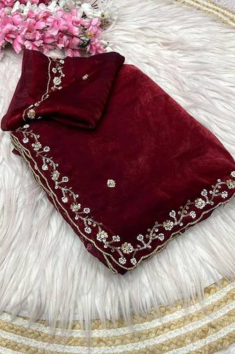 Maroon fendy satin with beads work saree with unstitched blouse