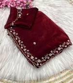 Maroon fendy satin with beads work saree with unstitched blouse
