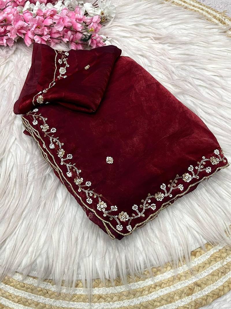 Maroon fendy satin with beads work saree with unstitched blouse
