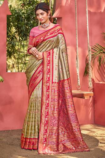 Sangam prints olive green kanjivaram silk woven work traditional saree
