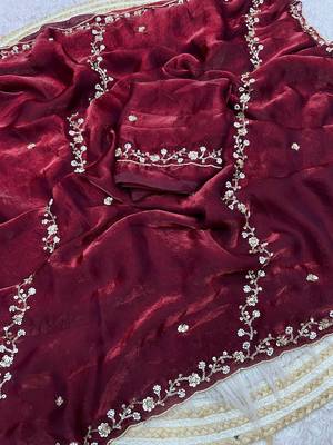 Maroon fendy satin with beads work saree with unstitched blouse 2