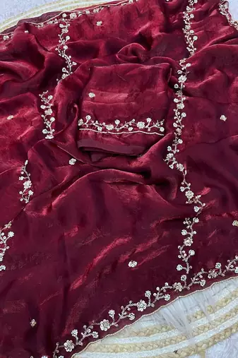 Maroon fendy satin with beads work saree with unstitched blouse