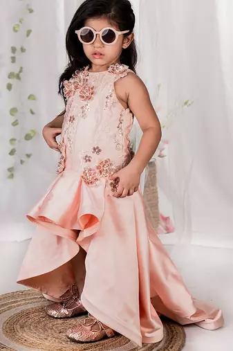 Peach embroidered satin Gown