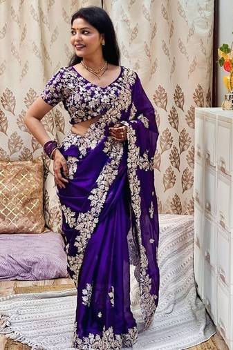 Purple rangoli silk with sequence coading embroidered work saree with stitched blouse
