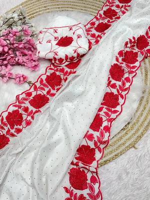 Soft vichitra blooming with embroidery &siroski work saree with unstitched blouse 2