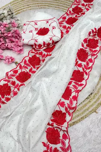 Soft vichitra blooming with embroidery &siroski work saree with unstitched blouse