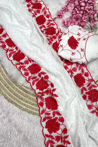 Soft vichitra blooming with embroidery &siroski work saree with unstitched blouse