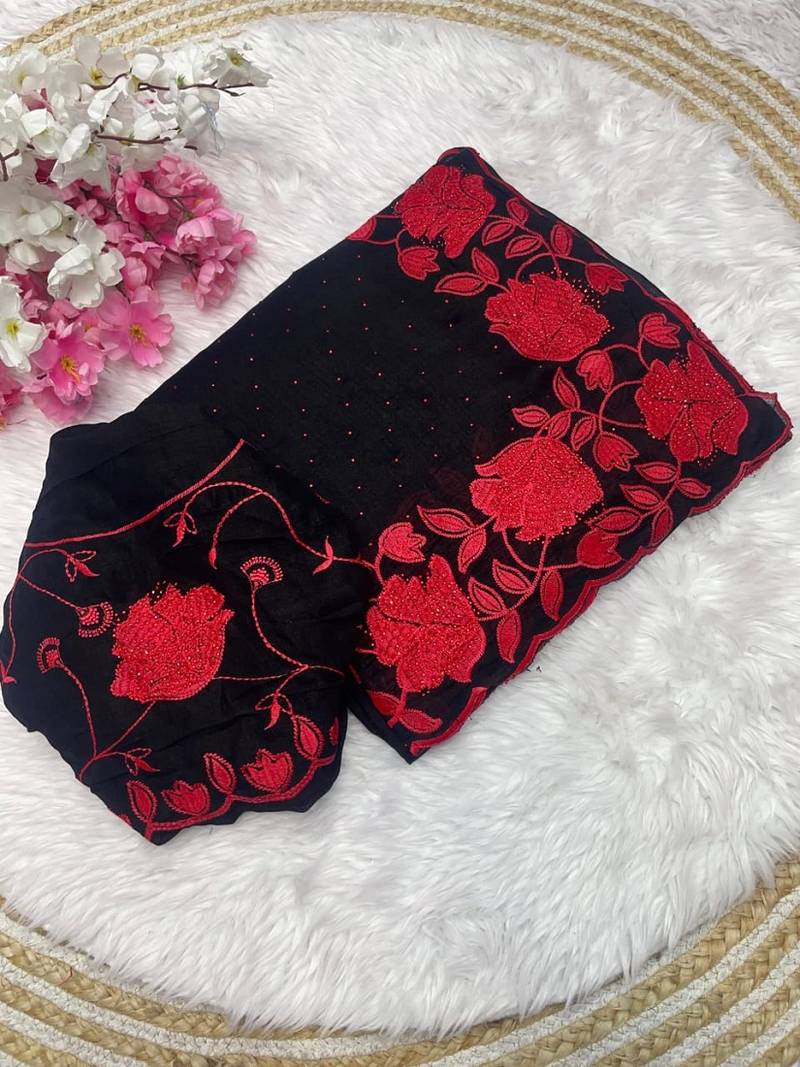 Soft vichitra blooming with  embroidery &siroski work saree with unstitched blouse