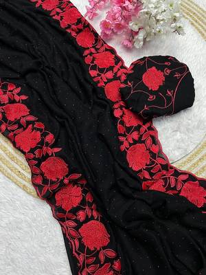 Soft vichitra blooming with embroidery &siroski work saree with unstitched blouse 2