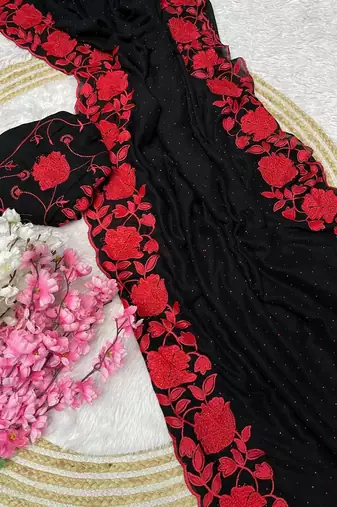 Soft vichitra blooming with embroidery &siroski work saree with unstitched blouse