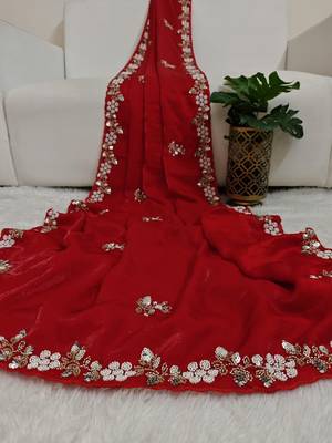 Red fendy satin with beads work saree with unstitched blouse 1