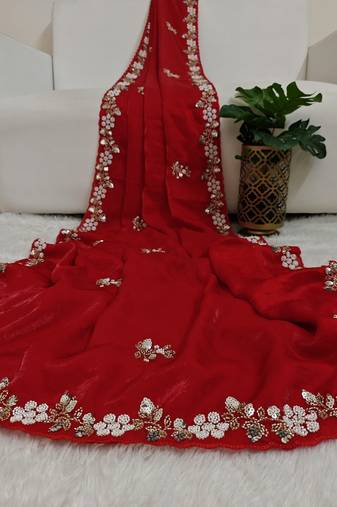 Red fendy satin with beads work saree with unstitched blouse