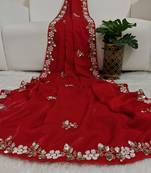 Red fendy satin with beads work saree with unstitched blouse