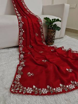 Red fendy satin with beads work saree with unstitched blouse 2