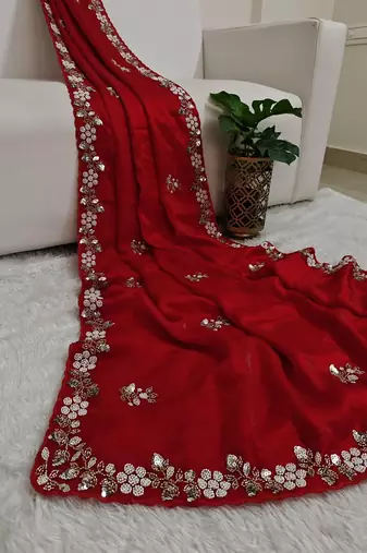Red fendy satin with beads work saree with unstitched blouse