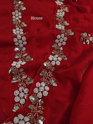 Red fendy satin with beads work saree with unstitched blouse 3