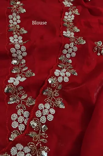 Red fendy satin with beads work saree with unstitched blouse