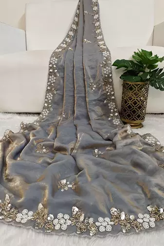 Grey fendy satin with beads work saree with unstitched blouse