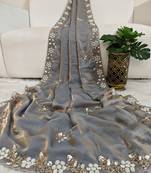 Grey fendy satin with beads work saree with unstitched blouse