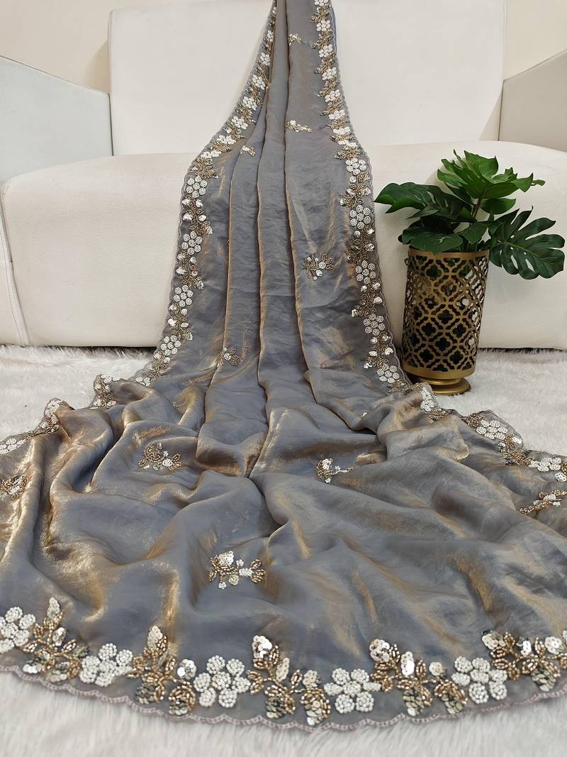 Grey fendy satin with beads work saree with unstitched blouse