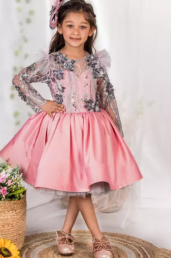 Pink embroidered satin dress