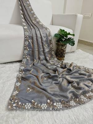 Grey fendy satin with beads work saree with unstitched blouse 2