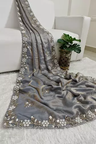 Grey fendy satin with beads work saree with unstitched blouse