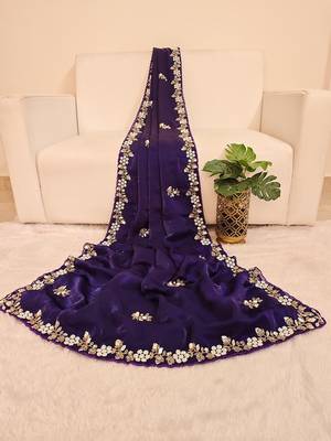Purple fendy satin with beads work saree with unstitched blouse 1