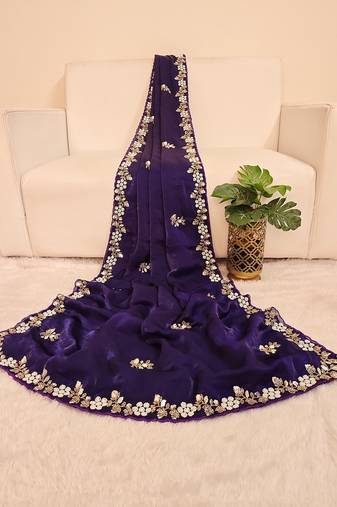 Purple fendy satin with beads work saree with unstitched blouse