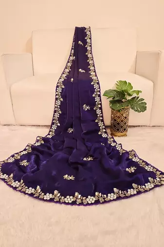 Purple fendy satin with beads work saree with unstitched blouse