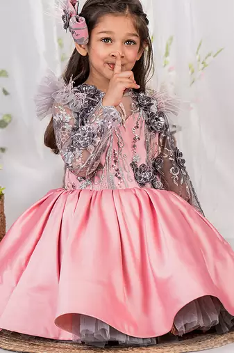 Pink embroidered satin dress