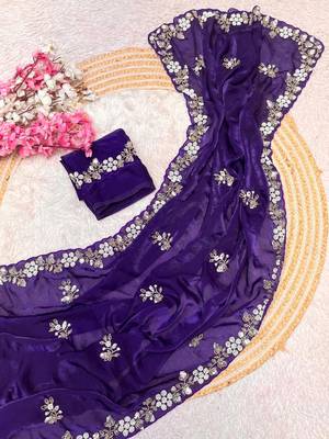 Purple fendy satin with beads work saree with unstitched blouse 2