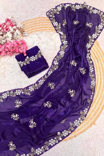 Purple fendy satin with beads work saree with unstitched blouse